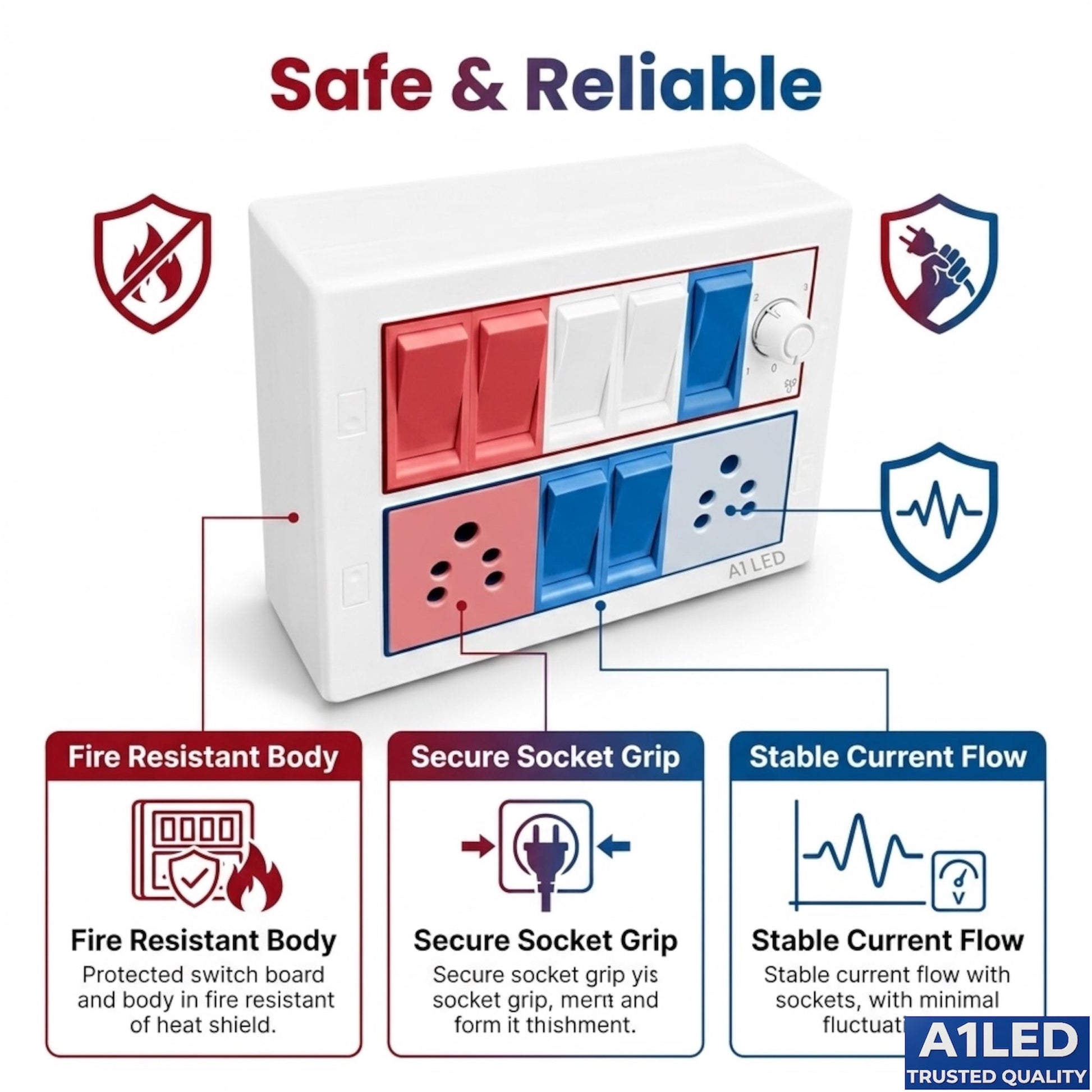 A1 LED 12 Modular Switch Board | 7 Switches + 2 Universal Sockets + Fan Regulator | Shock Proof & Fire Resistant | For Home, Office & Kitchen A1 LED