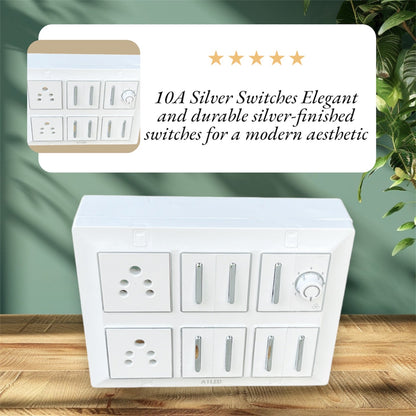 12 Module Square Power Board with 7 Silver 10A Switches, Fan Regulator, Dual Sockets – Heavy Duty Use A1 LED