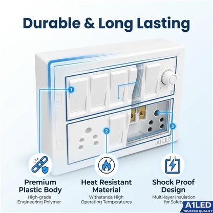 A1 LED 12 Modular Switch Board | 7 Switches + 2 Universal Sockets + Fan Regulator | Shock Proof & Fire Resistant | For Home, Office & Kitchen A1 LED