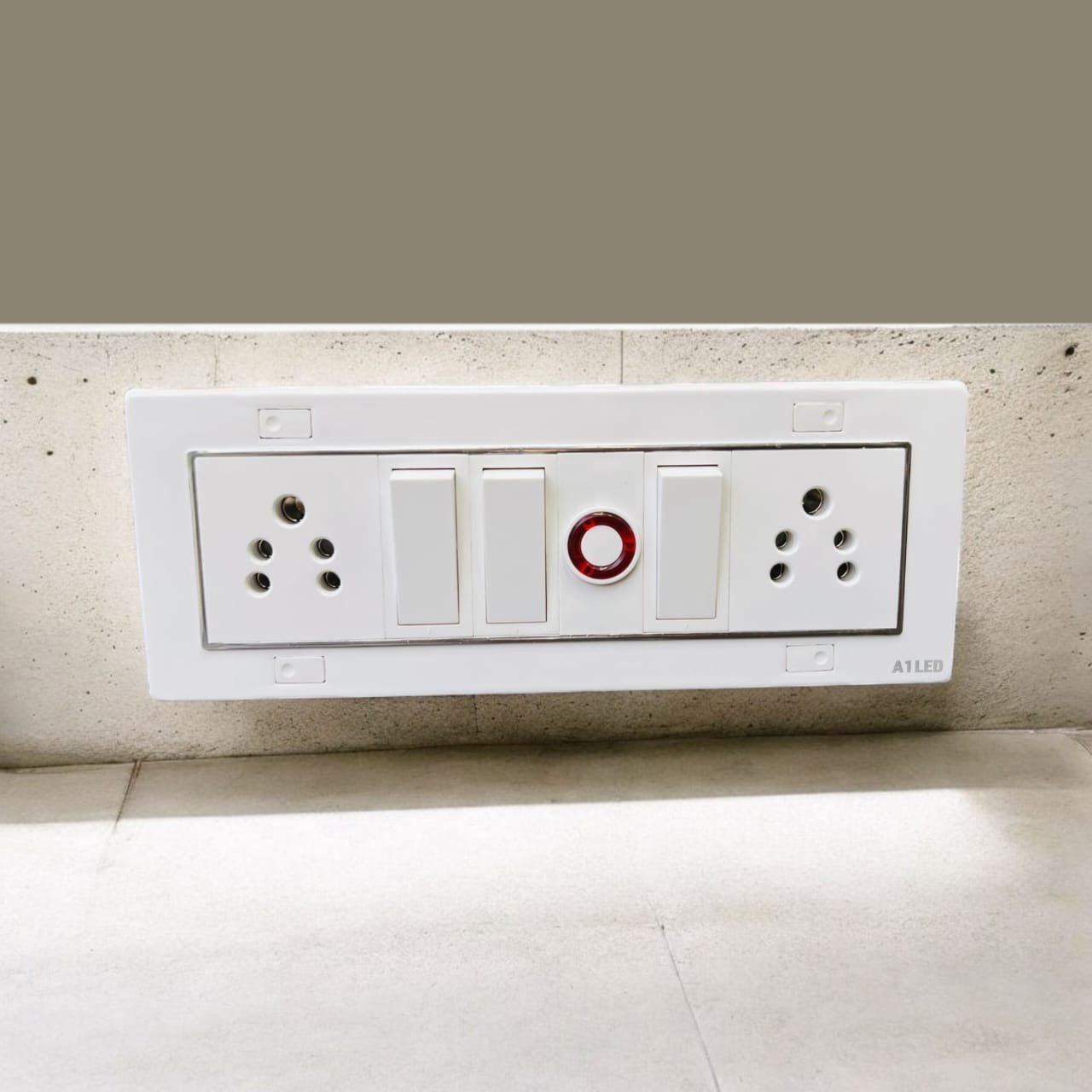 A1 LED Modular Switch Board with 2 Universal Sockets, 3 Rocker Switches, Indicator Light | 8 Module Silver Line Design | White Panel for Home, Office & Commercial Use A1 LED