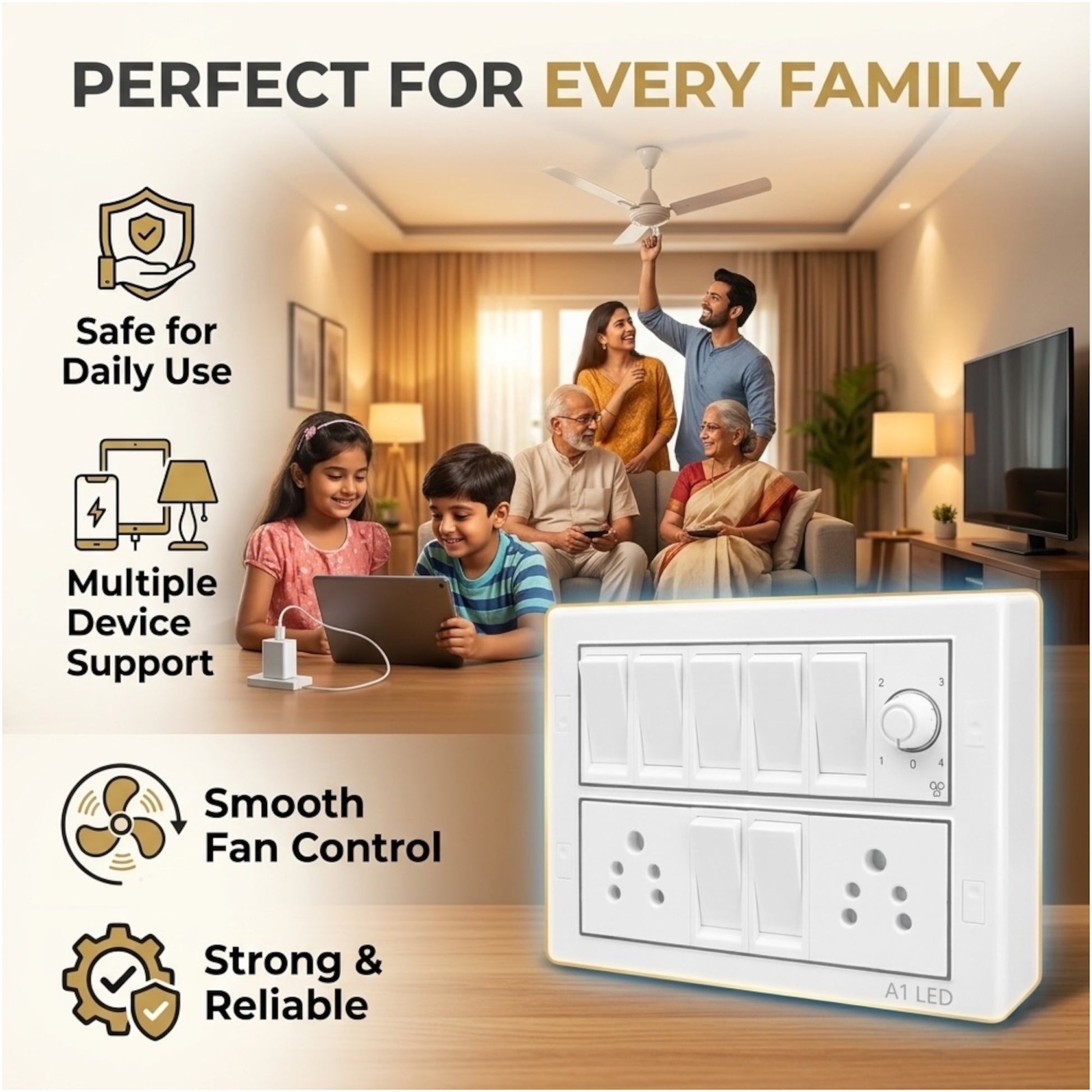 A1 LED 12 Modular Switch Board | 7 Switches + 2 Universal Sockets + Fan Regulator | Shock Proof & Fire Resistant | For Home, Office & Kitchen A1 LED