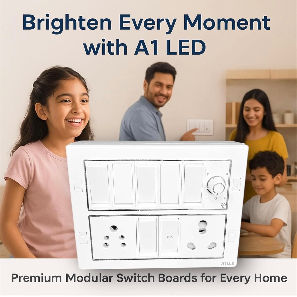 A1 LED 12 Module Silver Line Modular Switch Board with Fan Regulator & Power Socket | Pre-Wired White Panel for Home & Office A1 LED