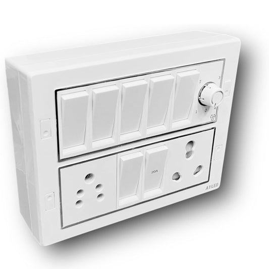 A1 LED 12 Module Silver Line Modular Switch Board with Fan Regulator & Power Socket | Pre-Wired White Panel for Home & Office A1 LED