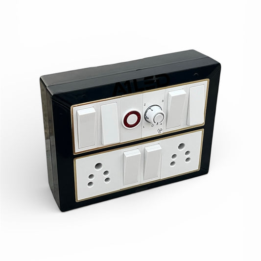 A1 LED 12 Modular Switch Board with Fan Regulator and Indicator, 6 x 10A Switches, 2 x 6A Sockets, Wall Mount Electrical Board for Home and Office