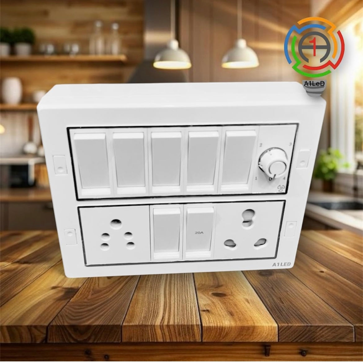 A1 LED 12 Module Silver Line Modular Switch Board with Fan Regulator & Power Socket | Pre-Wired White Panel for Home & Office A1 LED