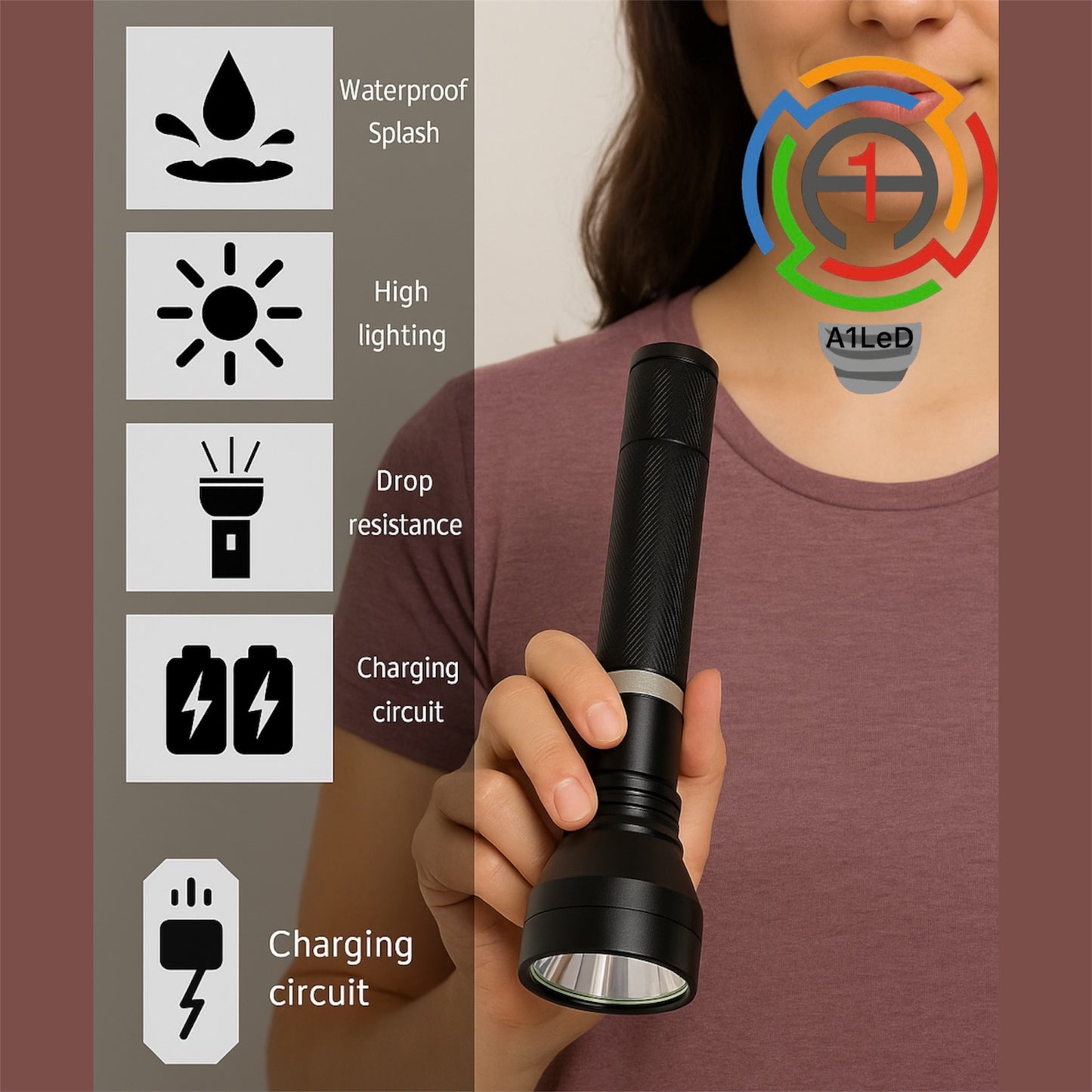 Ultra Bright Rechargeable LED Torch | Metal Body | Battery + Car & Wall Charger | Waterproof Splash - A1 LED
