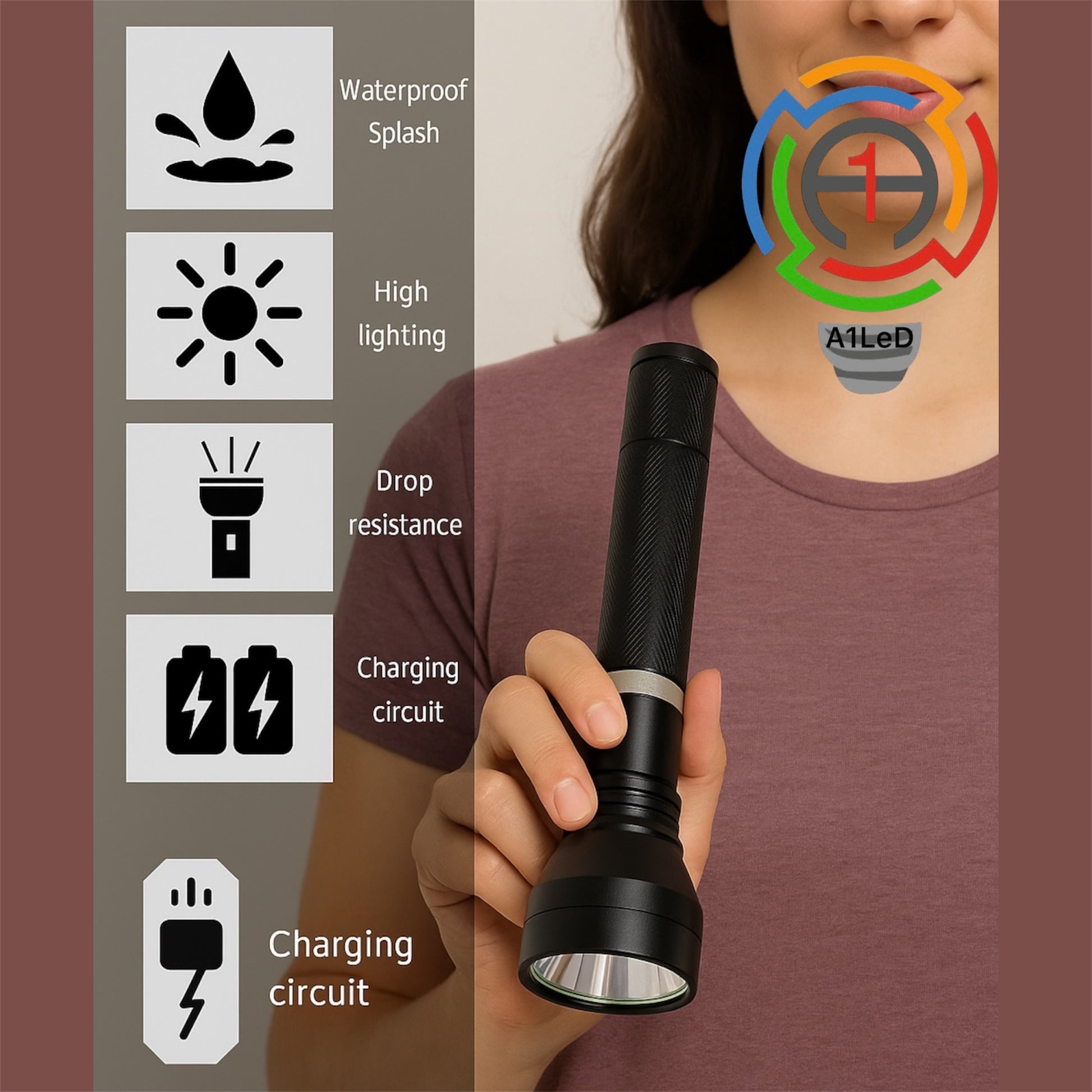 Ultra Bright Rechargeable LED Torch | Metal Body | Battery + Car & Wall Charger | Waterproof Splash - A1 LED