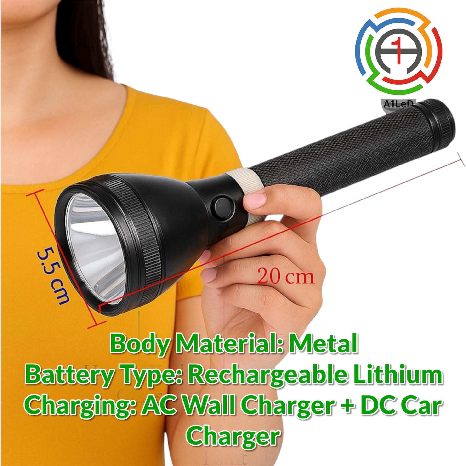 Ultra Bright Rechargeable LED Torch | Metal Body | Battery + Car & Wall Charger | Waterproof Splash - A1 LED