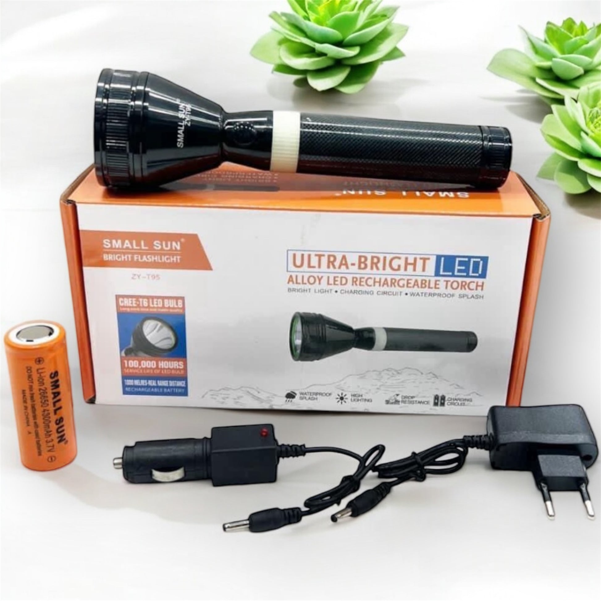 Ultra Bright Rechargeable LED Torch | Metal Body | Battery + Car & Wall Charger | Waterproof Splash - A1 LED