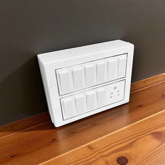 A1LED 12 Module Wall Mount Switch Board – 10 Switch + 1 Socket | White A1 LED