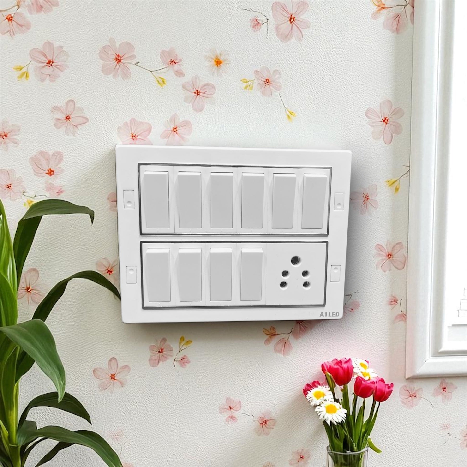 A1LED 12 Module Wall Mount Switch Board – 10 Switch + 1 Socket | White A1 LED
