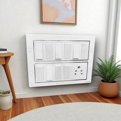 A1LED 12 Module Wall Mount Switch Board – 10 Switch + 1 Socket | White A1 LED