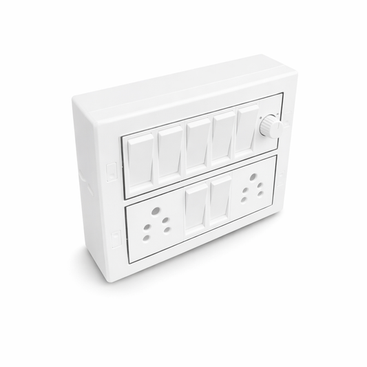 12 Module Silver Line Box – 7 Switches, 2 Sockets, 1 Fan Regulator | Elegant & Durable Design