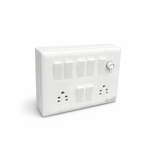 A1 LED 12 Modular Switch Board | 7 Switch 10A, 2 Socket 6A & Fan Regulator | Wall Mount | With Installation Kit
