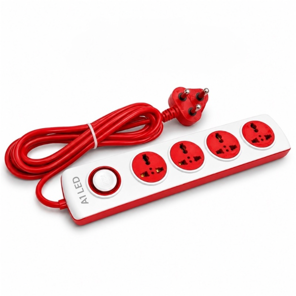 A1 LED 4 Socket Extension Board with Master Switch | 2.5 Meter Wire | Universal Sockets | Surge Protected | For Home, Office & Study