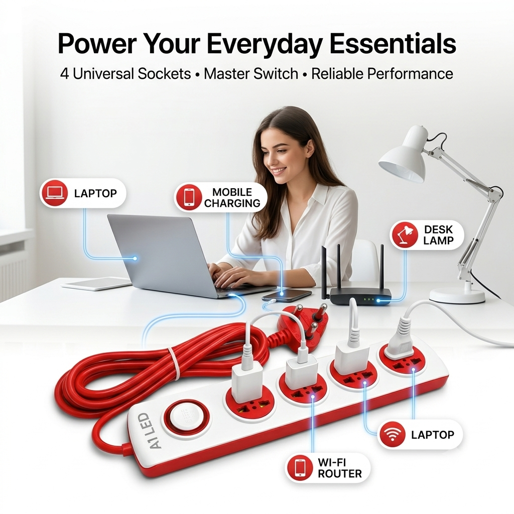 A1 LED 4 Socket Extension Board with Master Switch | 2.5 Meter Wire | Universal Sockets | Surge Protected | For Home, Office & Study