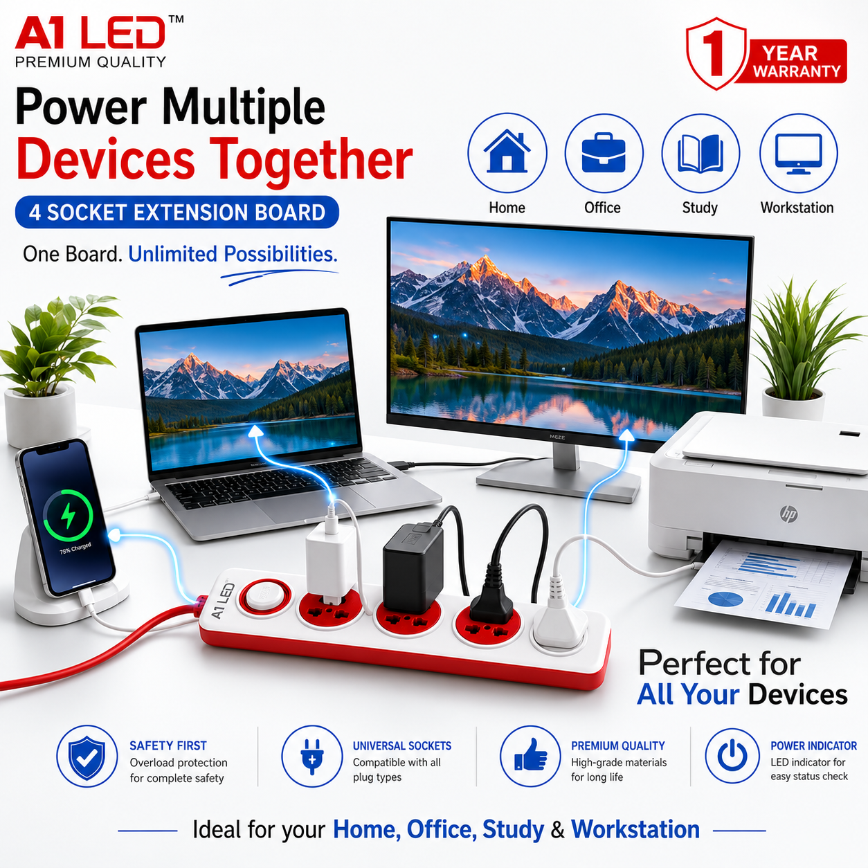 A1 LED 4 Socket Extension Board with Master Switch | 2.5 Meter Wire | Universal Sockets | Surge Protected | For Home, Office & Study
