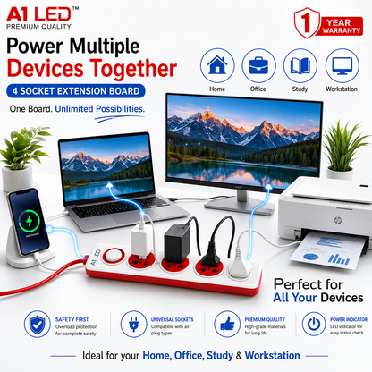 A1 LED 4 Socket Extension Board with Master Switch | 2.5 Meter Wire | Universal Sockets | Surge Protected | For Home, Office & Study